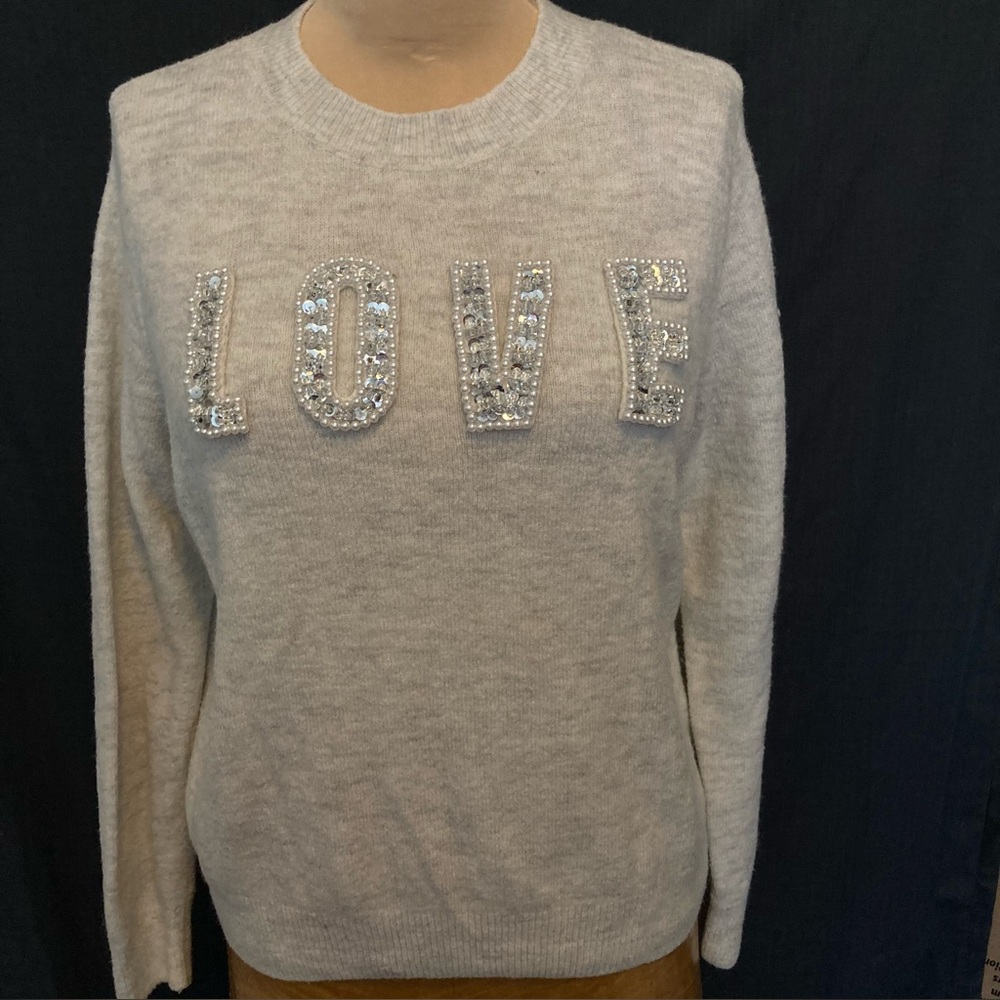H&M Acrylic Blend  Sweater with LOVE Written in‎ Silver Sequins & White Pearls